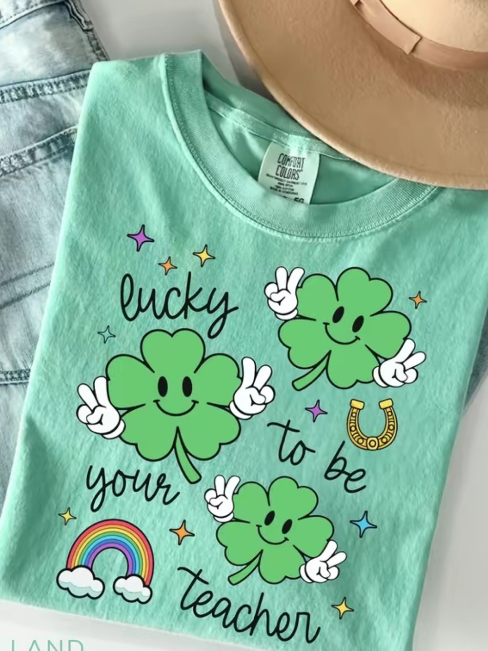 Comfort Colors Mint Green Women’s Tee with Lucky Shamrock Design